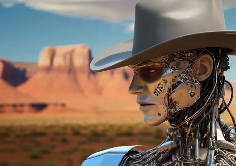 A cyborg Cowboy wearing a stetson hat looks left across a desert landscape.