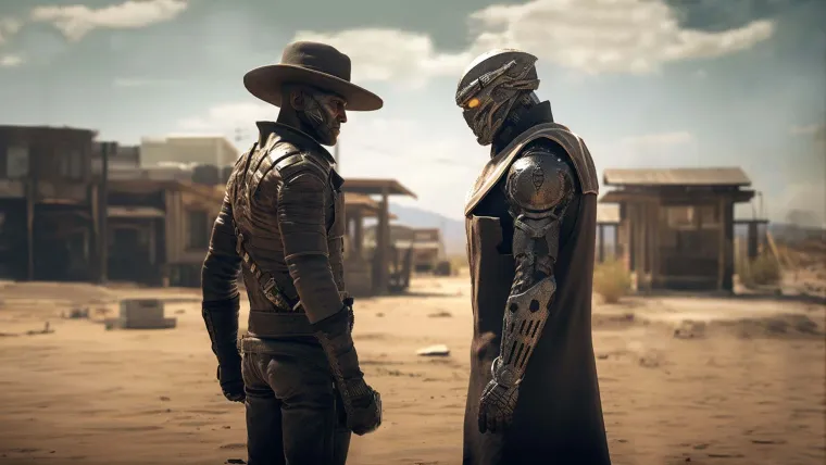 Two robot cowboys face off in a wild west desert town.